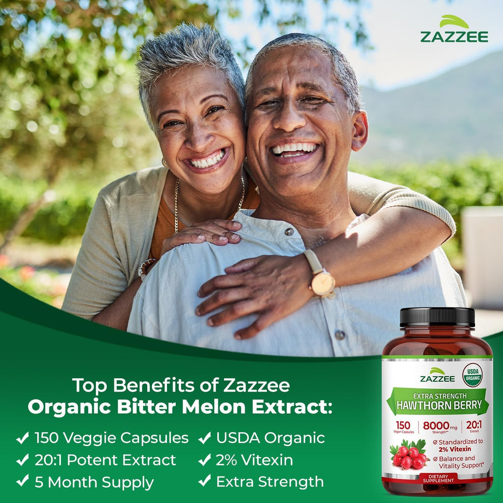Zazzee USDA Organic Hawthorn Berry 20:1 Extract, 2% Vitexin, 150 Capsules | 5 Month Supply, Vegan, Crataegus Pinnatifida, Antioxidant & Circulation Support, Herbal Supplement, Non-GMO, Made in the USA