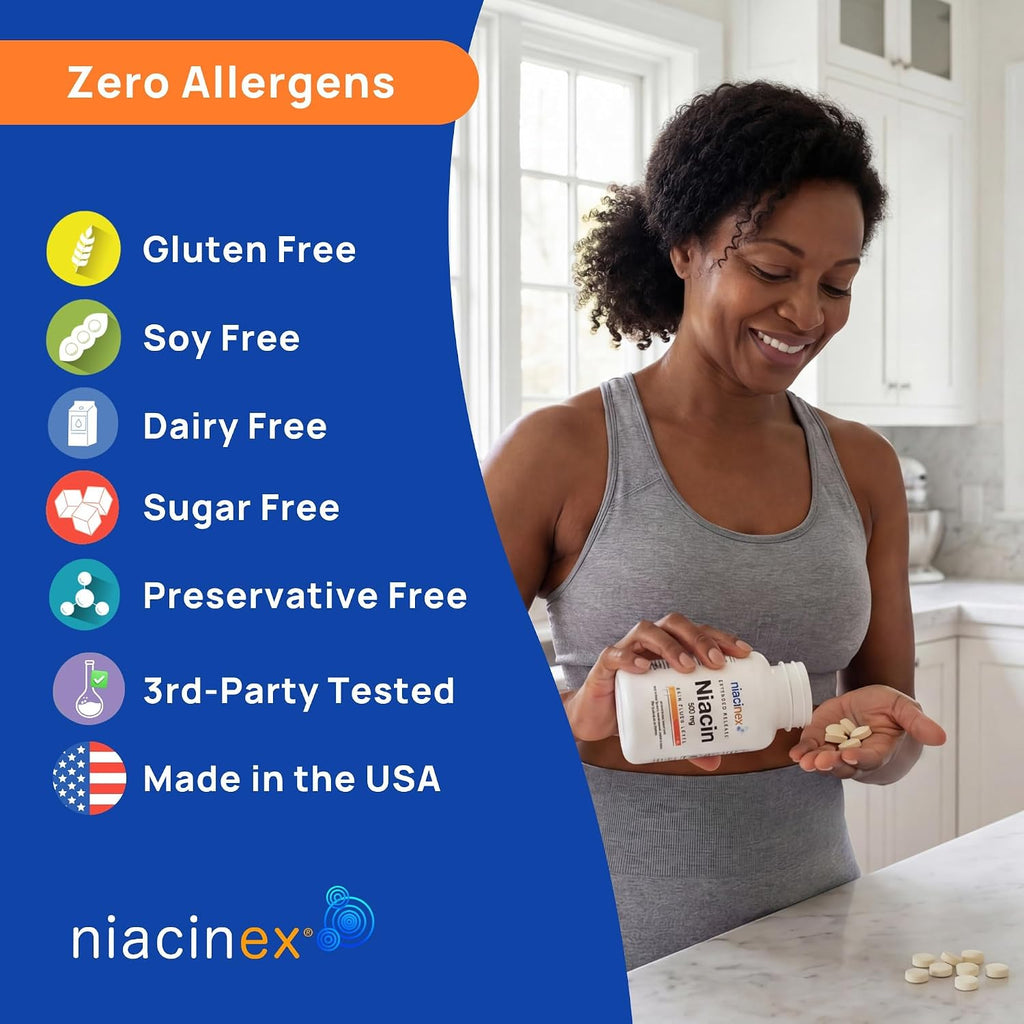 Niacin 500mg Extended Time Release, 200 Tablets, Minimal to No-Flush, Vitamin B3 Supplement - Cholesterol Balance, Nicotinic Acid Vegan, cGMP, made in the USA