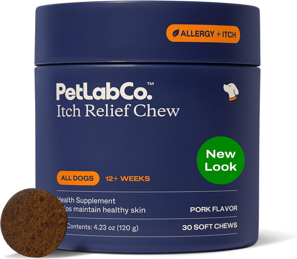 PetLab Co. Itch Relief Chews for Dogs, 30 Soft Chews, Pork | Omega 3-6-9, turmeric, and honey to support dry skin, coat health and immune balance daily