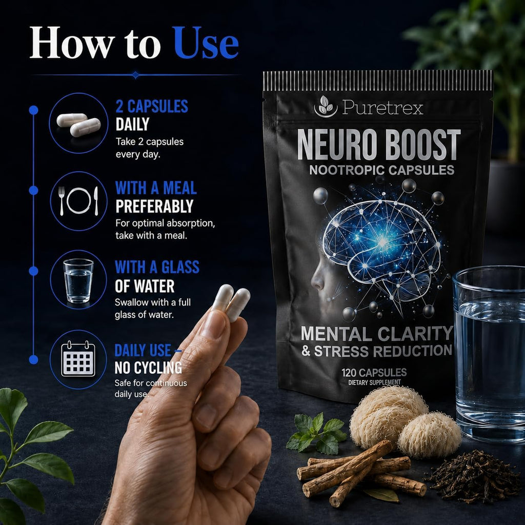 Neuro Boost Nootropic Capsules - Lions Mane, Bacopa, Alpha GPC, L-Theanine, Ashwagandha, Ginkgo Biloba Supplement for Mental Clarity, Focus, 120 Vegan Caps, Made in UK