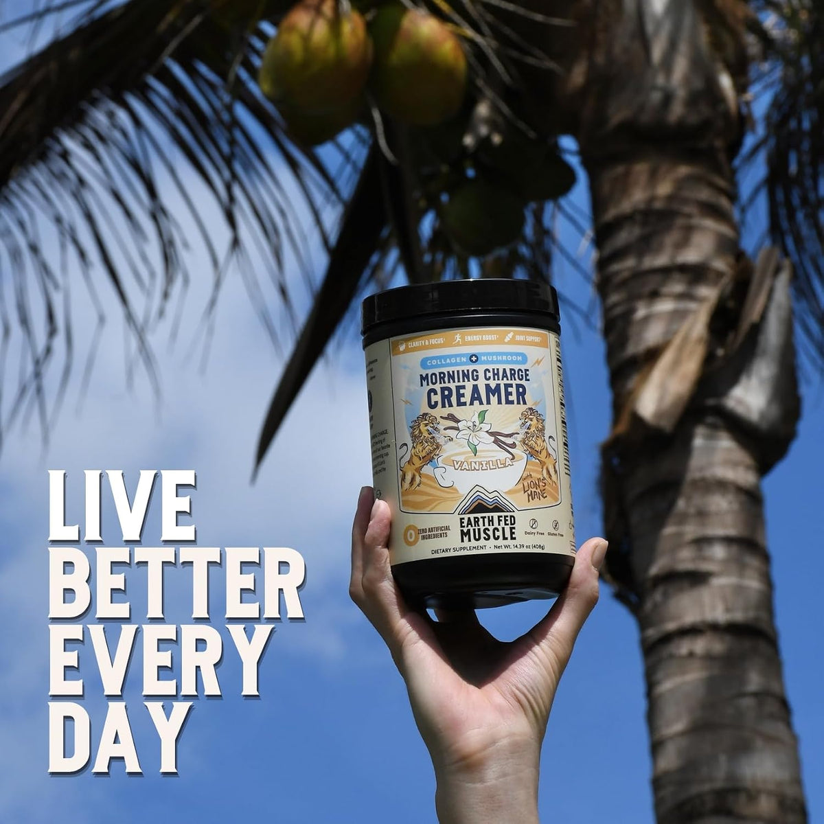 Earth Fed Muscle Vanilla Protein Coffee Creamer Powder, 24 Servings | Collagen Peptides, Lion's Mane, Coconut Milk, Non-Dairy, Morning Charge - Focus + Joint Support