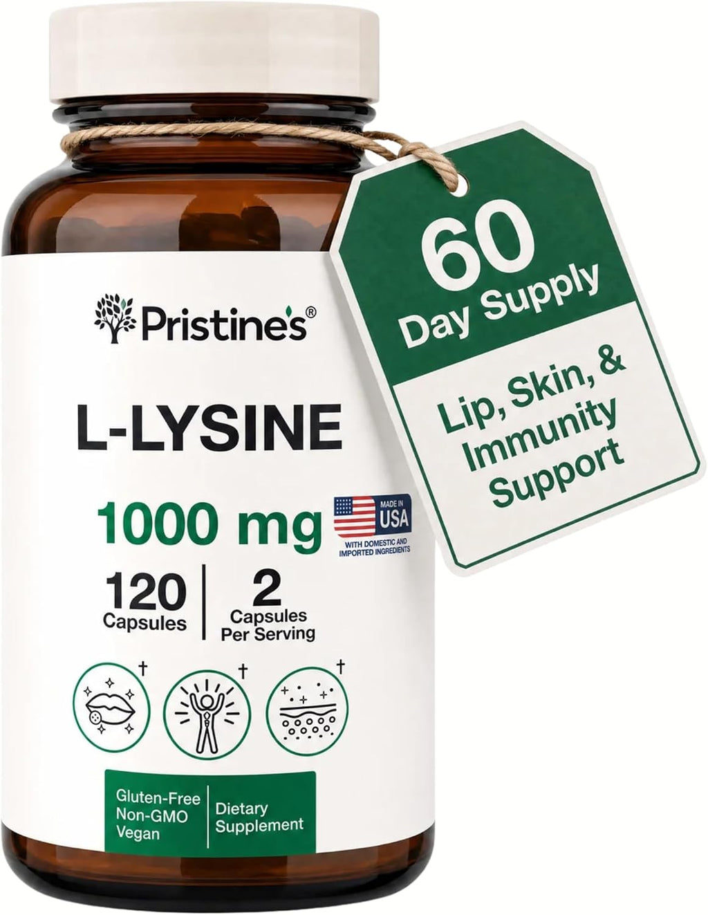 PRISTINE'S L-Lysine 1000mg Capsules, Lip Health & Immune Support, Vegan | Daily amino acid support for lip health and immune wellness. 60 day supply, vegan, non-GMO, gluten-free, glass bottle