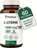 PRISTINE'S L-Lysine 1000mg Capsules, Lip Health & Immune Support, Vegan | Daily amino acid support for lip health and immune wellness. 60 day supply, vegan, non-GMO, gluten-free, glass bottle