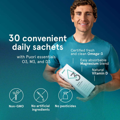 Puori P3 Health Essentials with Magnesium Zinc Complex, Omega 3 Fish Oil & Vitamin D3 Supplements - Men & Womens Daily Multi-Vitamins for Immune System Support & Overall Health - 30 Servings