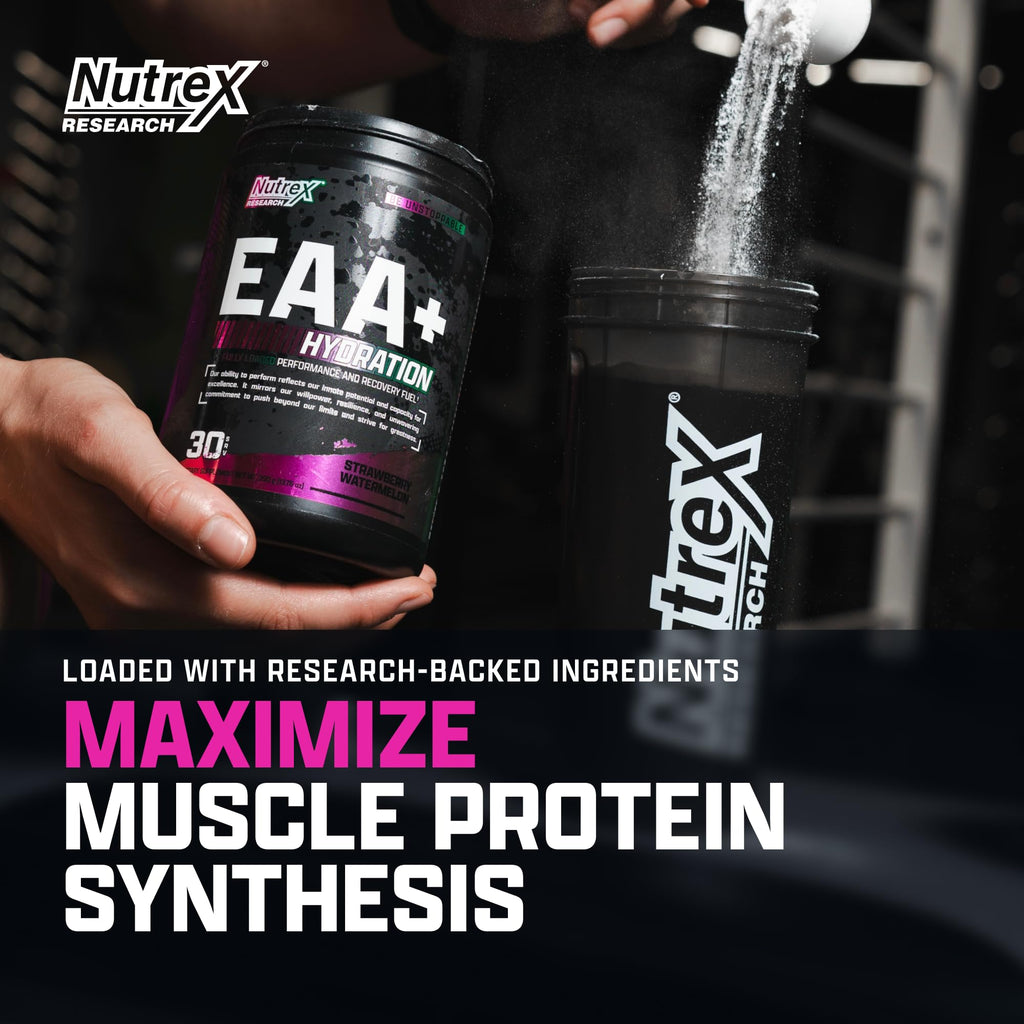 Nutrex Research EAA Hydration | EAAs + BCAA Powder | Muscle Recovery, Strength, Muscle Building, Endurance | 8G Essential Amino Acids + Electrolytes | Strawberry Watermelon 30 Serving