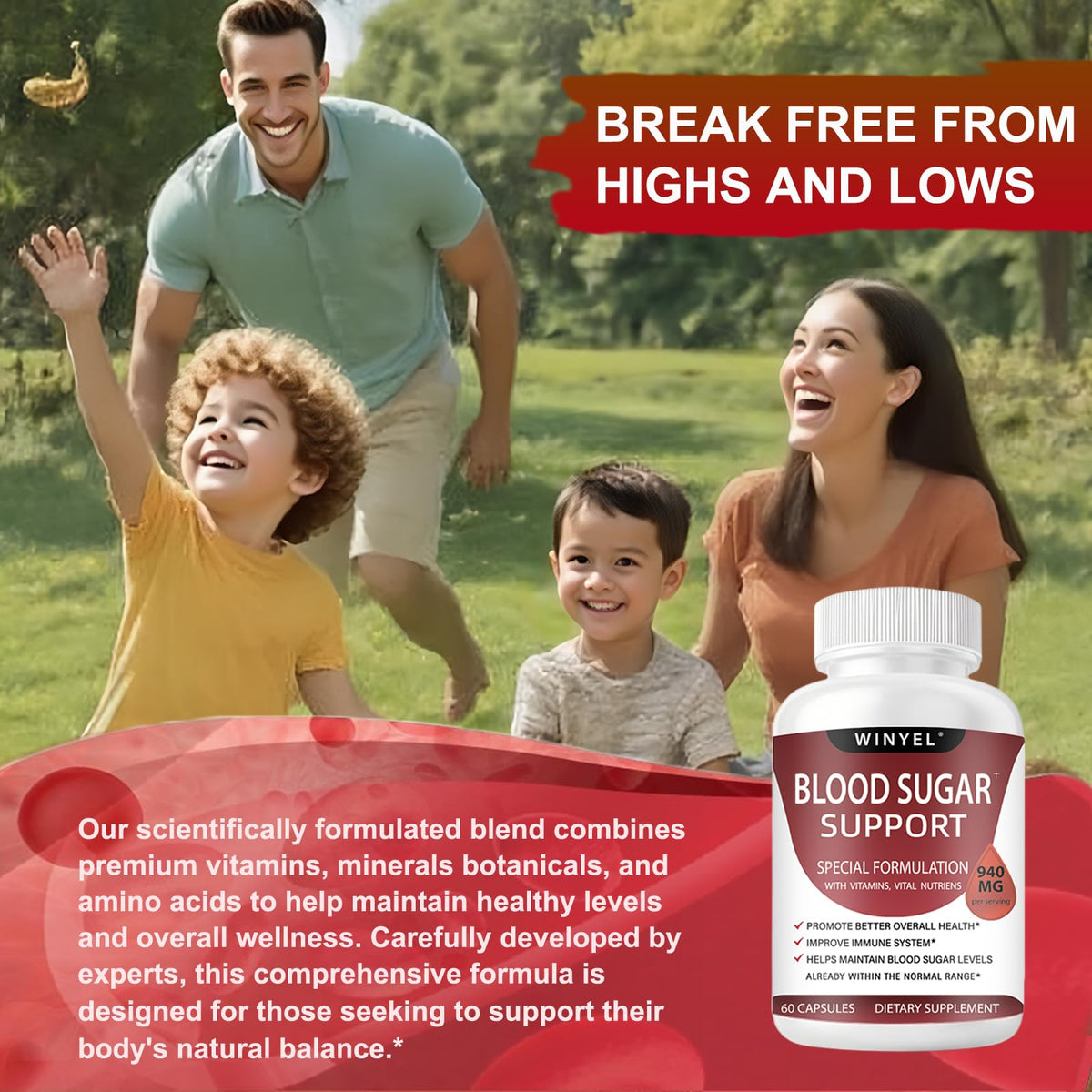 WINYEL Blood Sugar Complex Supplement - with Cinnamon, Bitter Melon, Chromium, Mulberry, Alpha Lipoic Acid, 60 Capsules