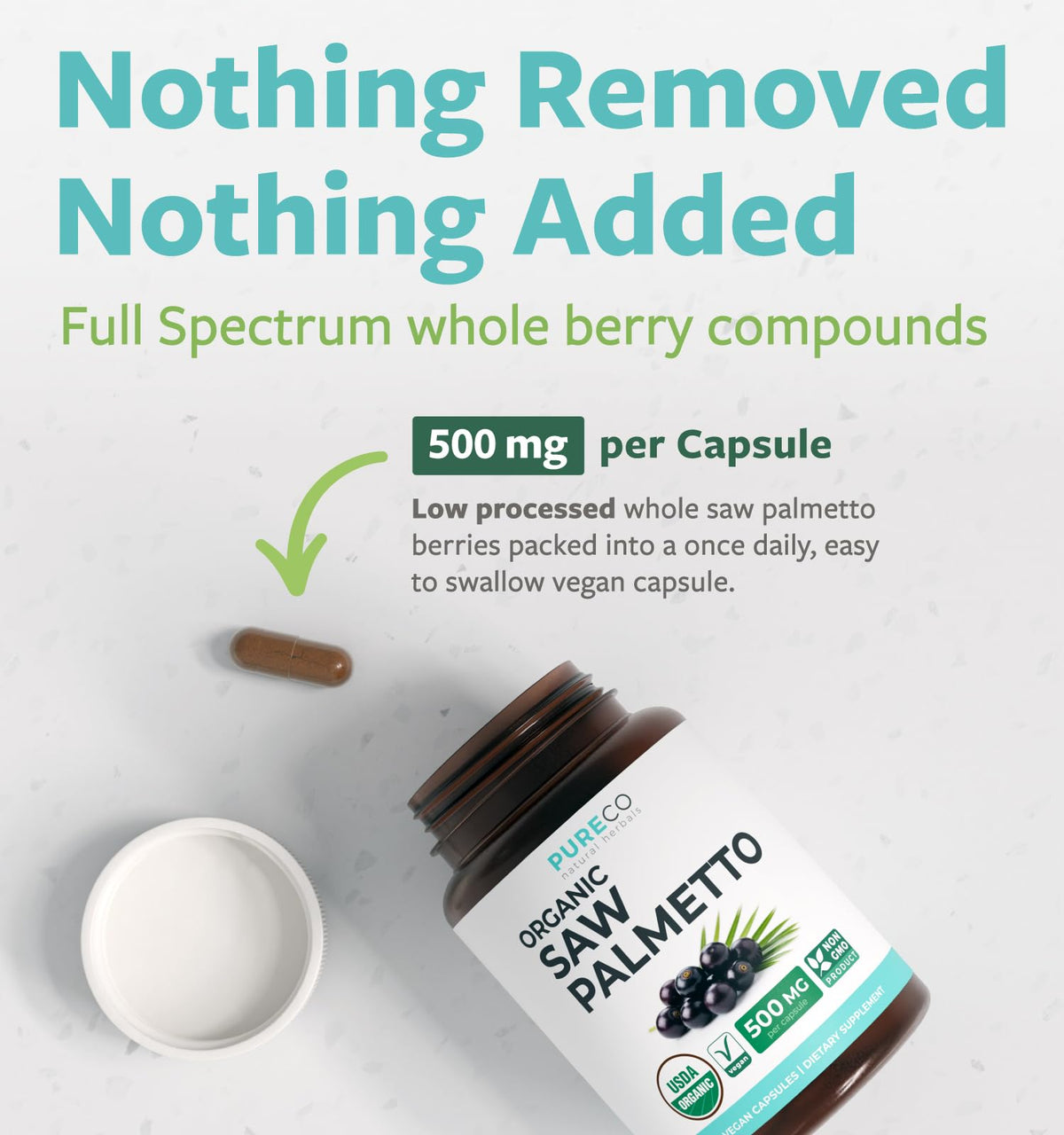 PURE CO USDA Organic Saw Palmetto Supplement - Organic Saw Palmetto for Women & Men's Urinary Tract Prostate & DHT Blocker for Women - Whole Berries - Vegan Non-GMO & Lab Verified (2 Month Supply)