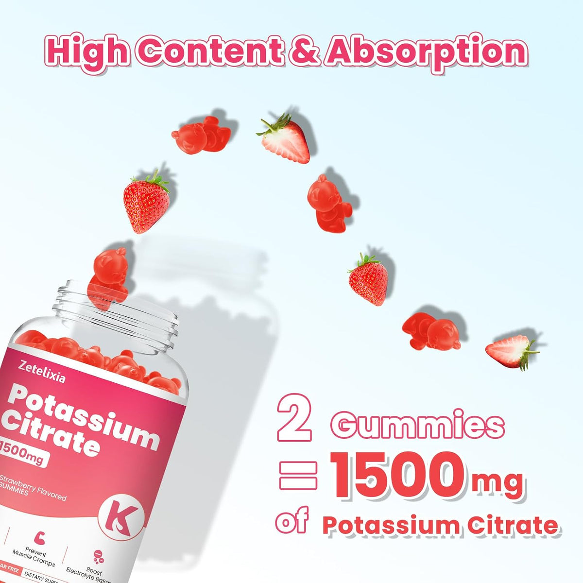 2 Pack Potassium Gummies for Adults Women & Men, Potassium Citrate Supplement, Support Leg Cramps, Muscle Health & Electrolyte Balance, Sugar Free, Organic, Vegan, Strawberry, 120 Cts