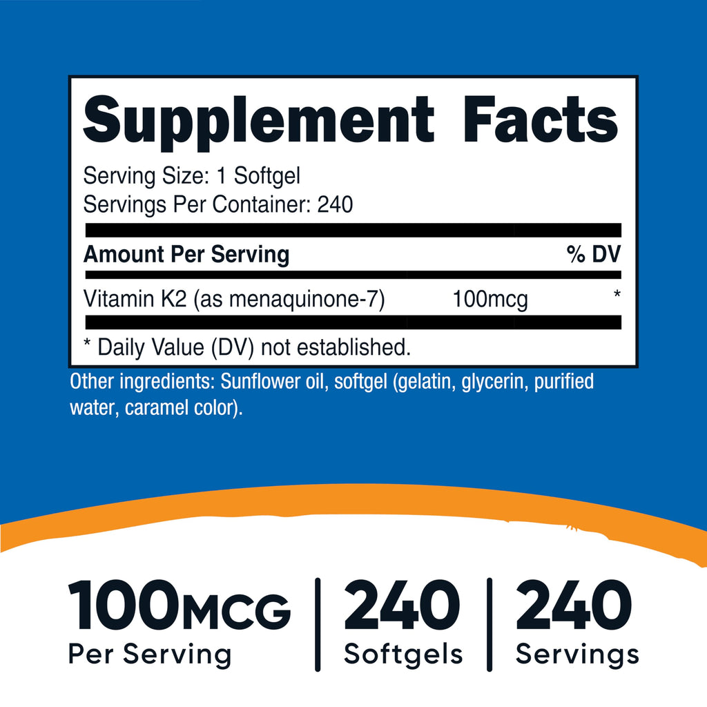 Nutricost Vitamin K2 MK-7 100 mcg, 240 Softgels, Gluten Free, GMO-Free | MK7