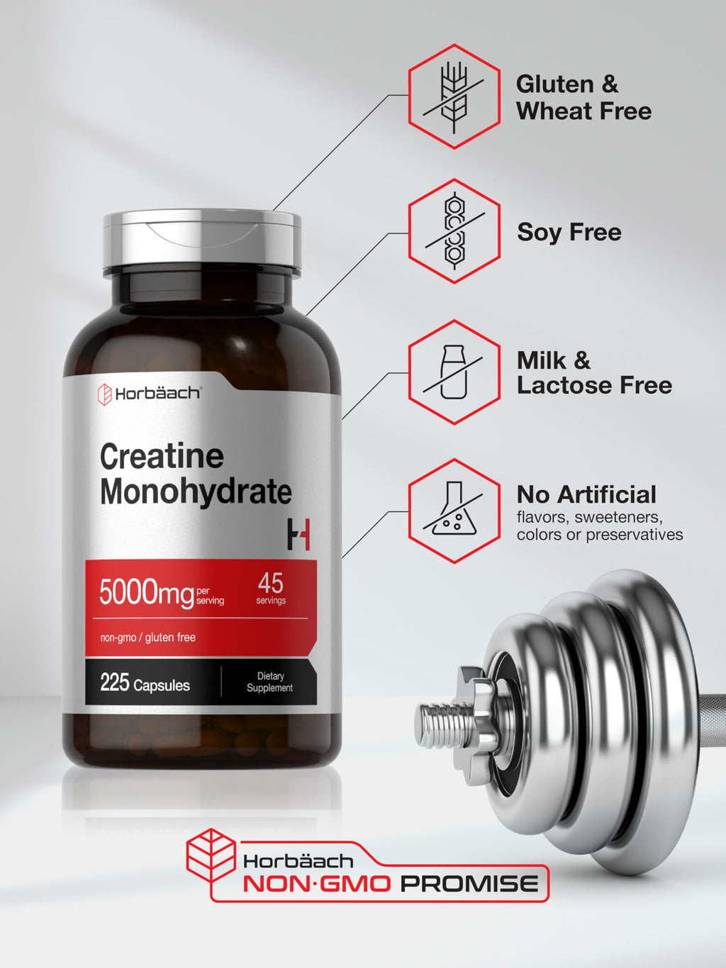 Horbäach Creatine Monohydrate | 5g | 225 Capsules | Non-GMO, Gluten Free Supplement