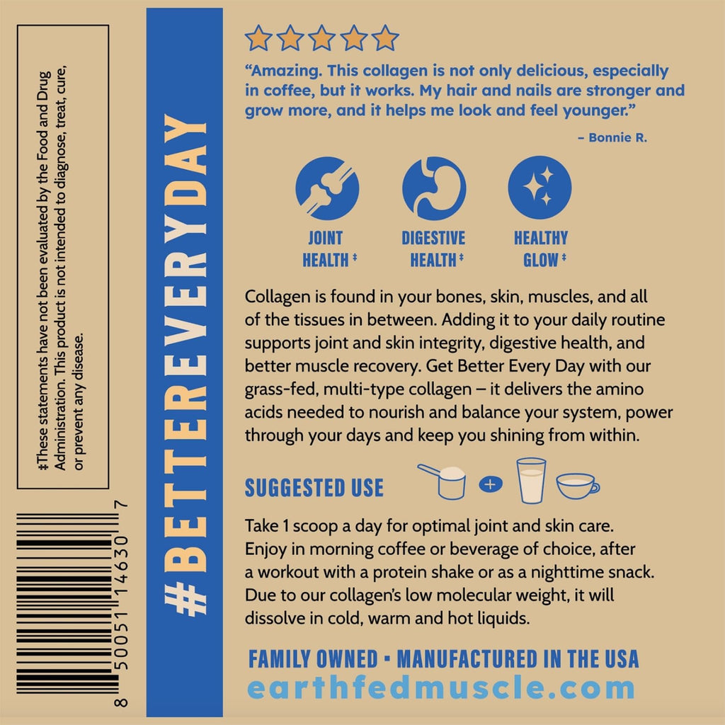 Earth Fed Muscle Collagen Peptides, Unflavored, 23 Servings | Third-Party Certified, 20g Protein, Grass Fed, Non-GMO, Hormone Free, Gluten Free, Multi-Type