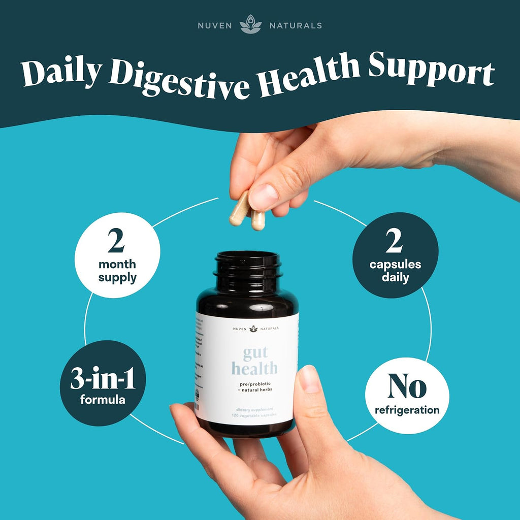 Nuven Naturals All-in-One Gut Health w/Probiotics, Prebiotics, Digestion-Supporting Herbs, and Adaptogens - Leaky Gut Repair Formula to Support Gut Lining, Aid in Digestion, and Promote Good Bacteria | Gut Health for Women & Men to Support Digestive Healt