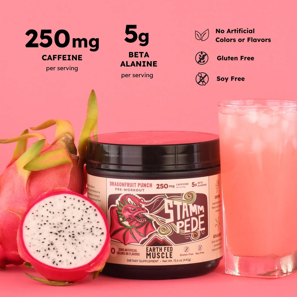 Earth Fed Muscle Stammpede Lemonade Pre Workout, Third-Party Certified. 250mg Caffeine, Lemonade - 5g Beta Alanine, Citrulline Malate, Taurine - Soy Free, Gluten Free - 16 oz, 26 Servings | Third-Party Certified, 250mg Caffeine, 5g Beta Alanine, Citrullin