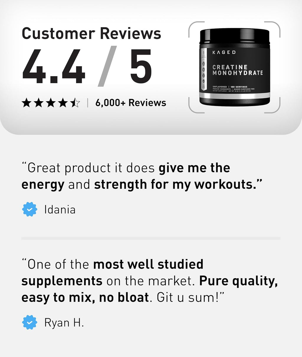 Kaged Creatine Monohydrate Micronized Powder | Unflavored | Muscle Building & Recovery | 5000 mg Per Serving | Vegan, Gluten Free, Easily Digestible | Supplements for Men & Women | 100 Servings
