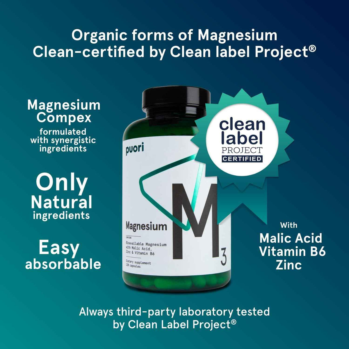 Puori Magnesium Complex Supplement - High Absorption Magnesium Taurinate & Gluconate, Zinc, Vitamin B6 & Malic Acid for Sleep Support, Immune & Bone Health & Muscle Recovery - 120 Vegan Capsules