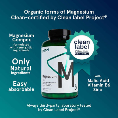 Puori Magnesium Complex Supplement - High Absorption Magnesium Taurinate & Gluconate, Zinc, Vitamin B6 & Malic Acid for Sleep Support, Immune & Bone Health & Muscle Recovery - 120 Vegan Capsules