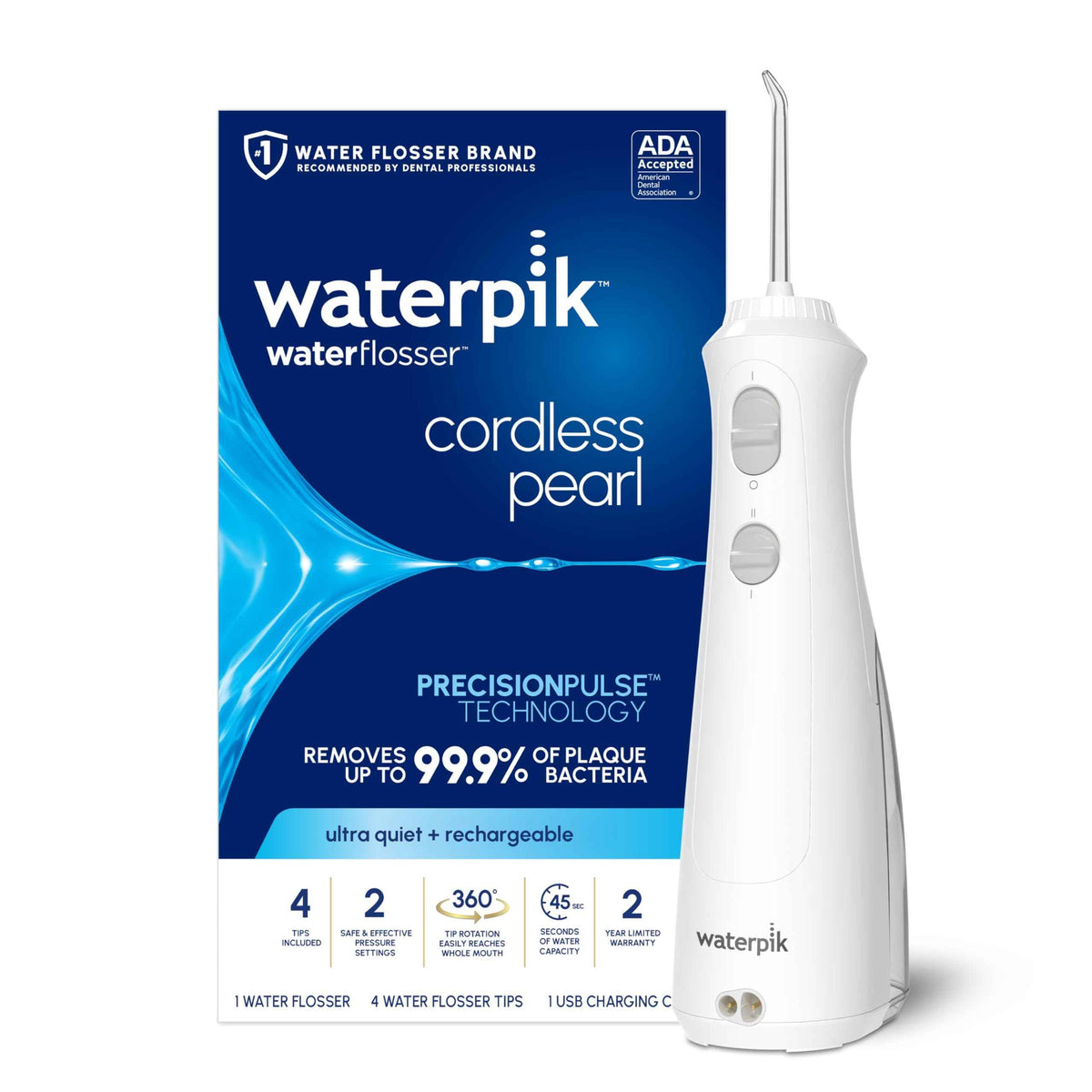 Waterpik Cordless Pearl Rechargeable Portable Water Flosser for Teeth, Gums, Braces Care and Travel, Extra Quiet, 4 Flossing Tips - ADA Accepted, WF-13 White, Amazon Exclusive