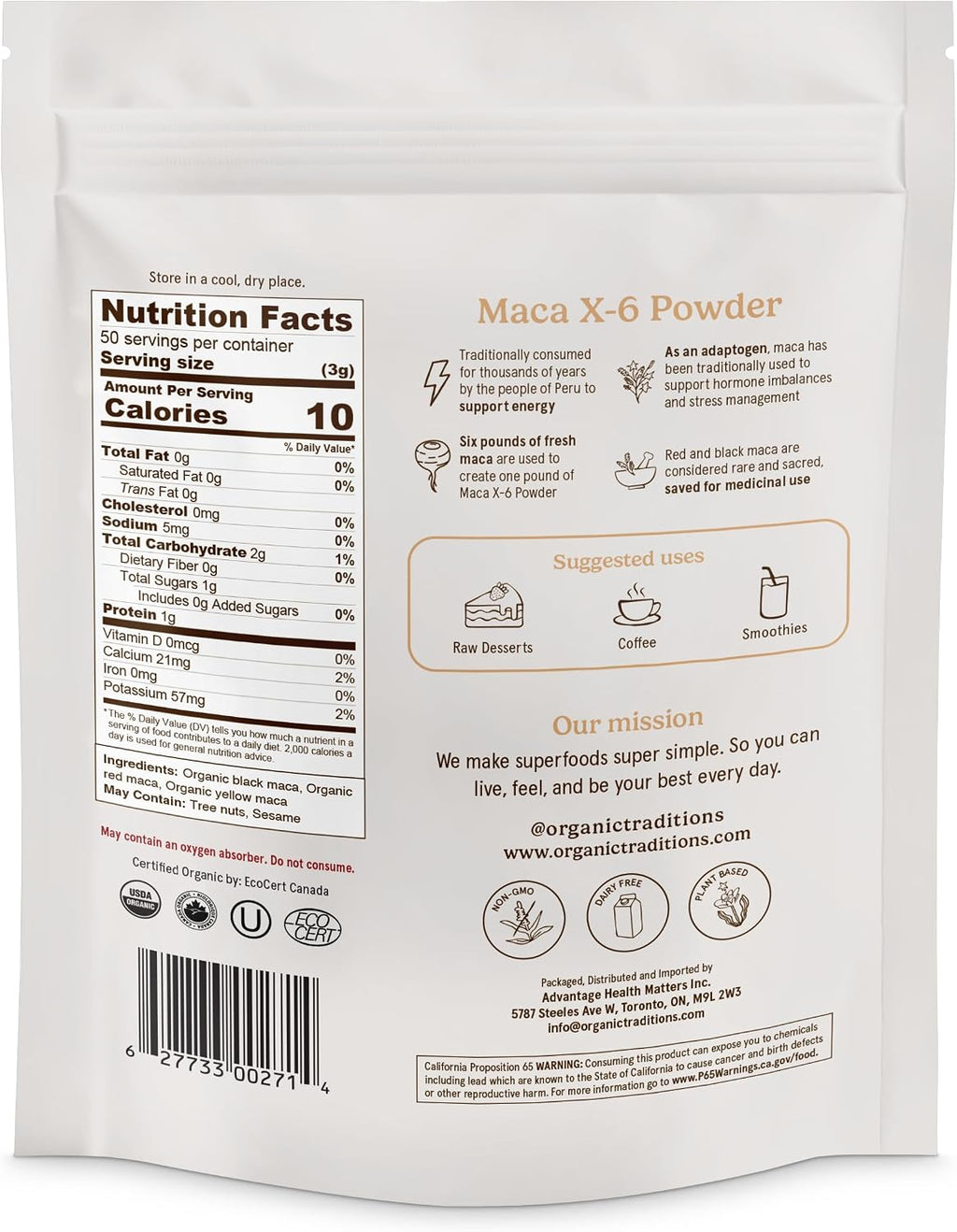 Organic Traditions Maca X 6 Powder, Maca Root Black Red and Yellow, Traditionally Used in Peru for Vitality and Daily Energy, Concentrated Superfood for Daily Wellnes for Men and Women, 150g / 5.3oz