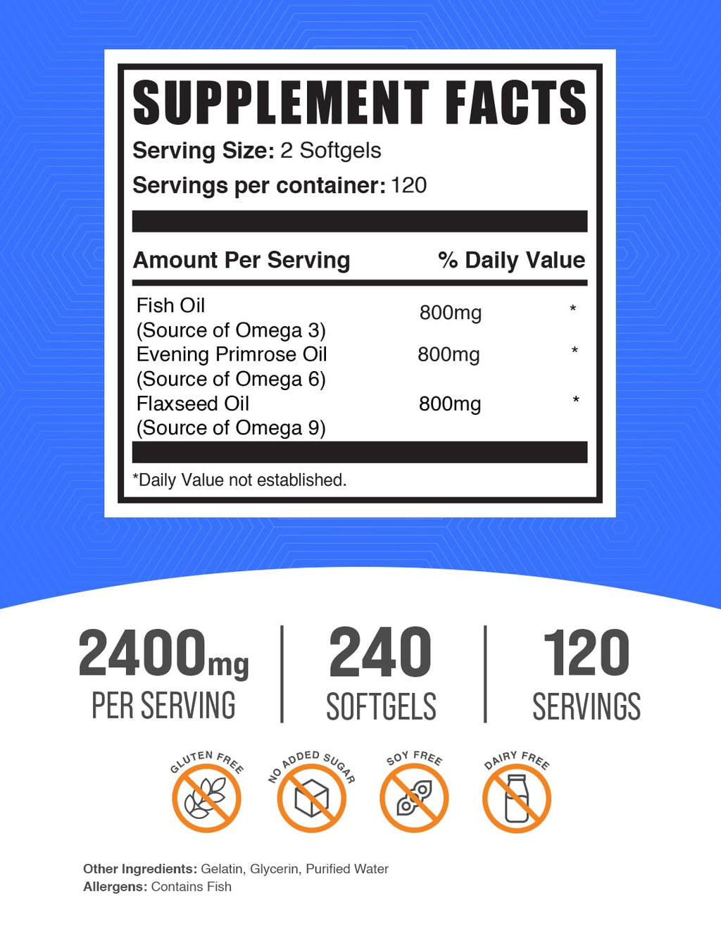 BulkSupplements.com Omega 3-6-9 Softgels - Triple Omega Supplement, from Flaxseed, Evening Primrose & Fish Oil- 2 Softgels per Serving, 240 Count (Pack of 1)
