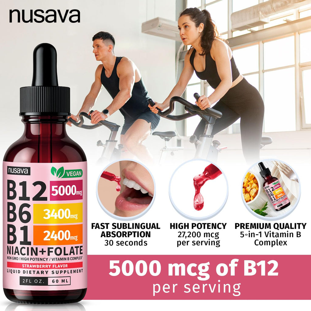 NUSAVA (2 Pack) Vitamin B12 Liquid Drops with B6, B1, Niacin & Folate — B12 Sublingual Vitamin B Complex, Methylcobalamin 5000 mcg, for Energy, Brain & Heart Support, Raspberry Flavor, 80 Servings