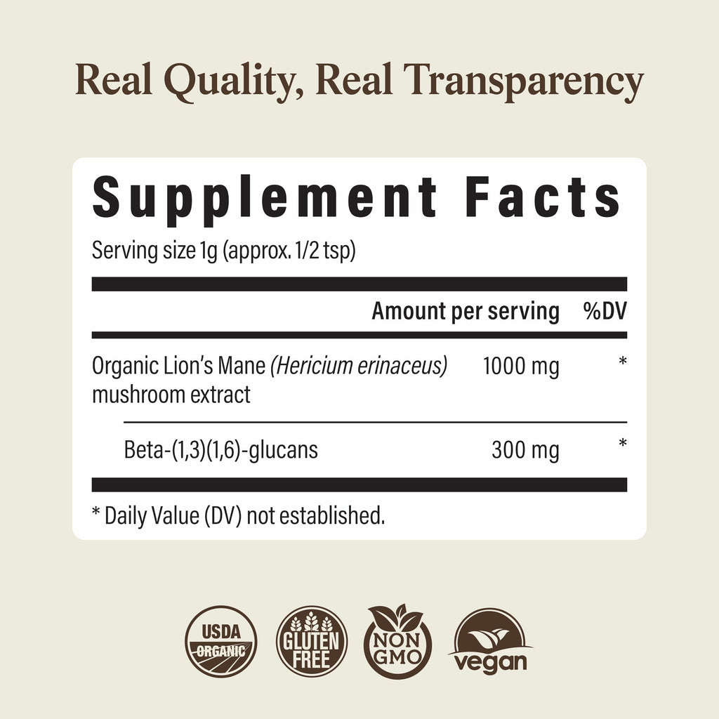 Real Mushrooms Lions Mane Mushroom Supplement - Organic Lions Mane Extract Powder for Overall Wellness with Adaptogens – Functional Vegan, Non-GMO Blend with 60 Servings