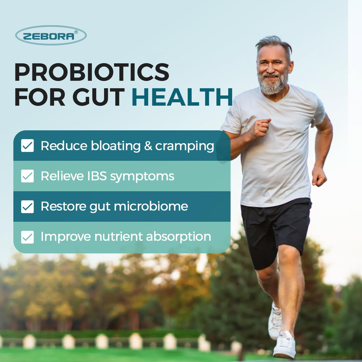 ZEBORA Probiotics for Men and Prebiotics for Digestive Health, 90 Tablets, 60 Billion CFUs for Immune and Gut Health, 10 Strains, Hypoallergenic Probiotics,