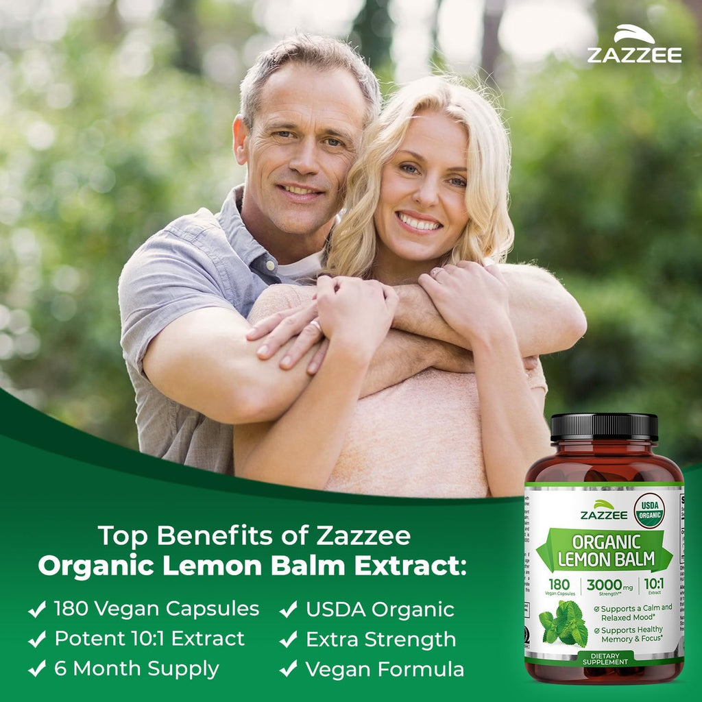 Zazzee USDA Organic Lemon Balm 10:1 Extract, 180 Capsules, 6 Month Supply | Vegan, All-Natural, Non-GMO, Melissa Officinalis, Calm, Mood, Stress & Relaxation Support, Herbal Supplement, Made in the USA
