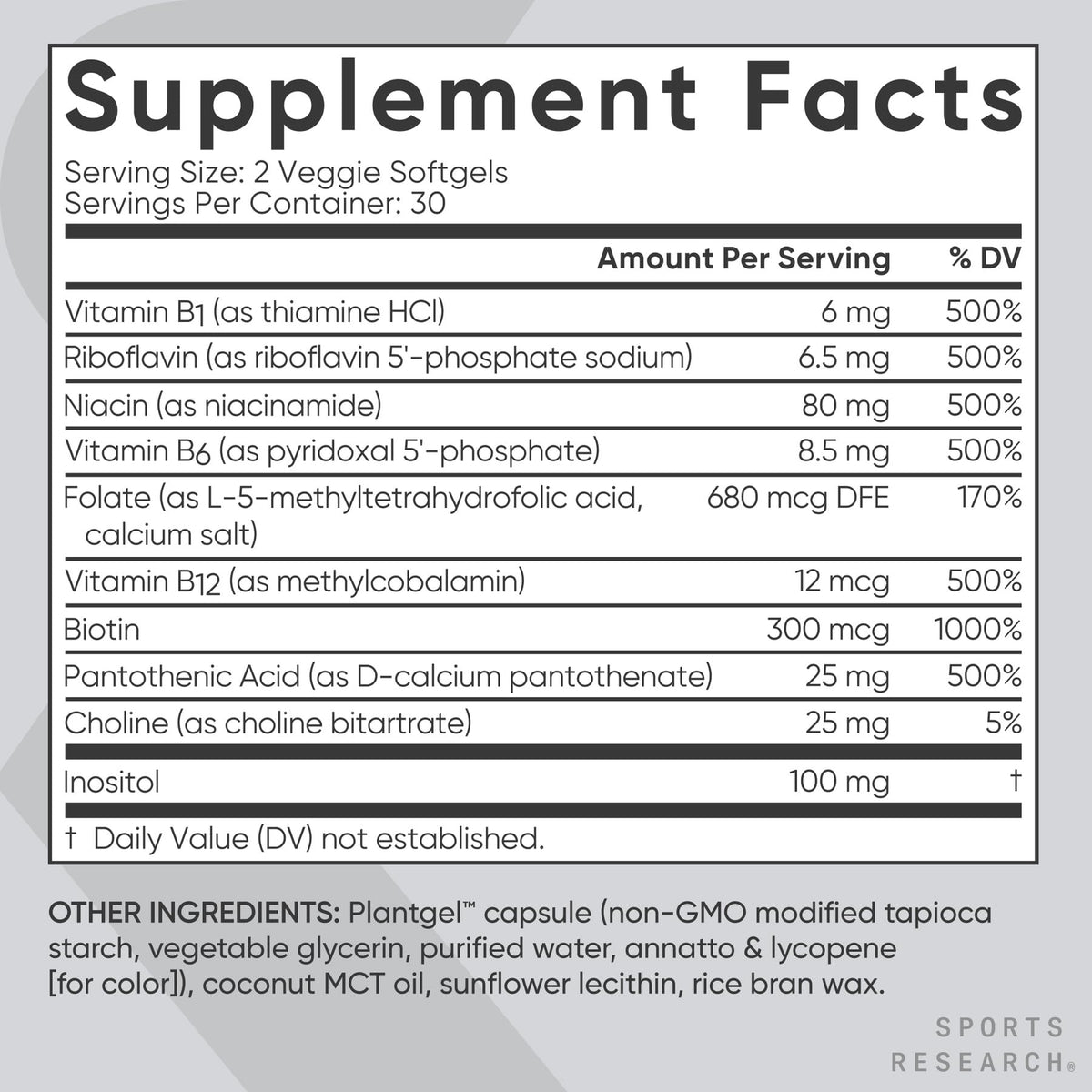Sports Research® Vitamin B-Complex - Full Spectrum of B Vitamins with Methylated B12 & Folate - Gluten Free · Plant-Based · Non-GMO · Vegan-Friendly Formula - 120 Veggie Softgels