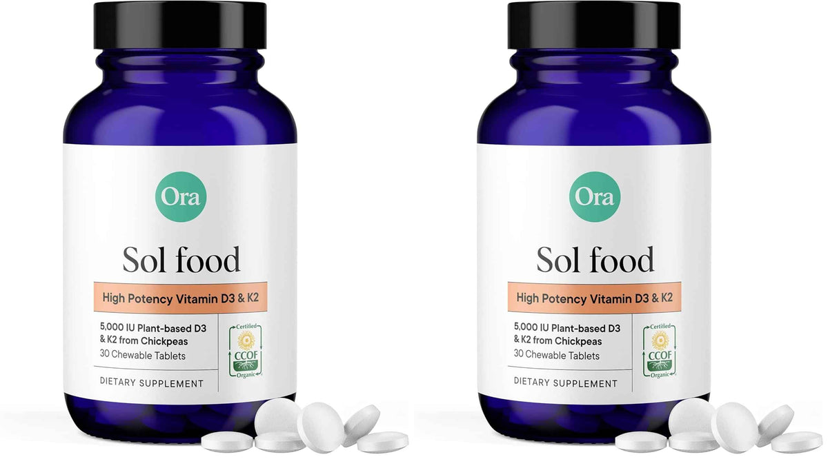 Ora Organic Vitamin D3 5000IU + K2 - Vegan Vitamin D from Lichen and K2 from Chickpeas for Bone Health, Immune Support, & Mood, Maximum Absorption - 1 Month Supply, 30 Chewable Tablets (Pack of 2)
