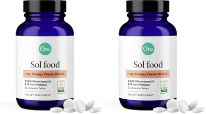 Ora Organic Vitamin D3 5000IU + K2 - Vegan Vitamin D from Lichen and K2 from Chickpeas for Bone Health, Immune Support, & Mood, Maximum Absorption - 1 Month Supply, 30 Chewable Tablets (Pack of 2)