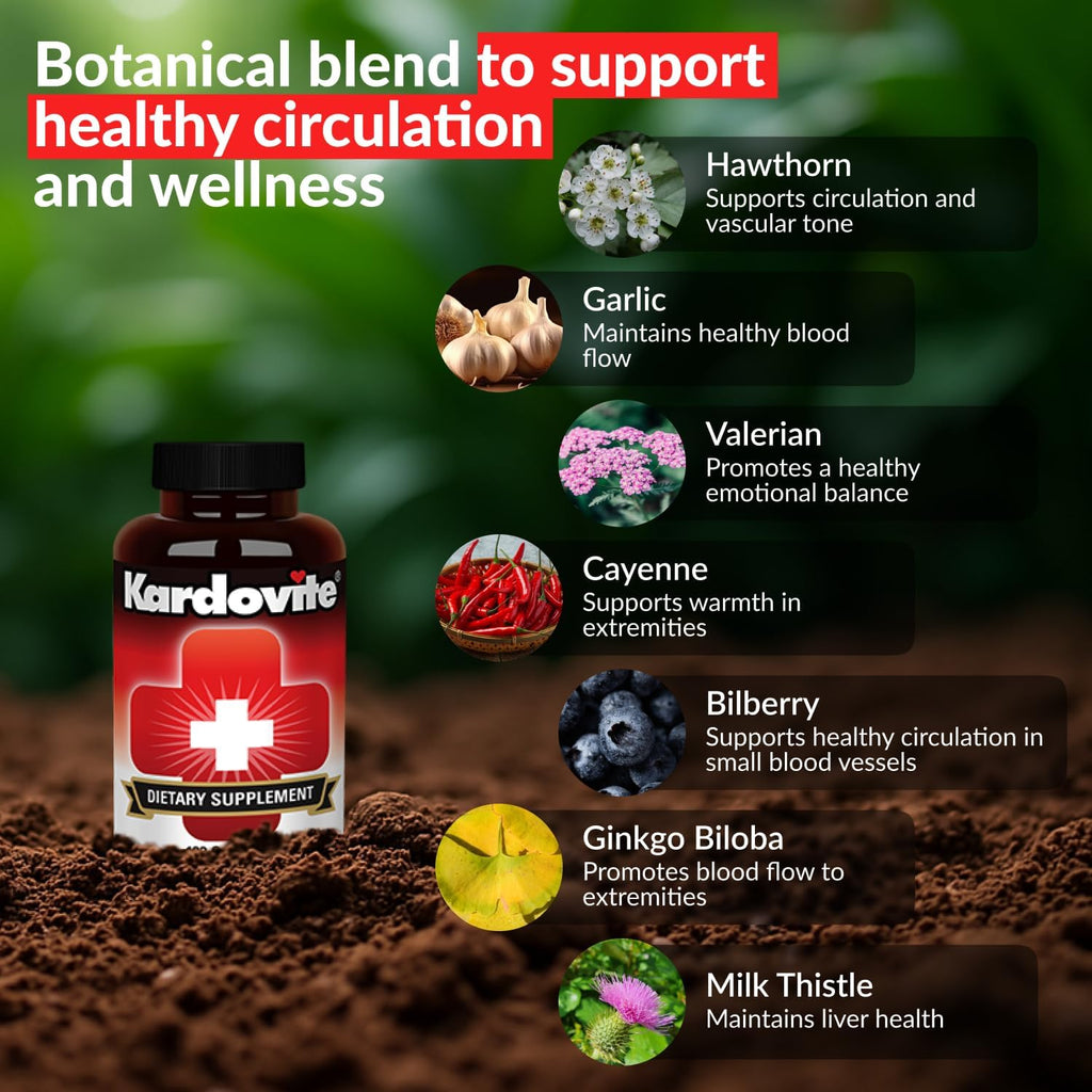 Herbal Circulation Support Capsules 180s | Supports Circulatory Wellness with Hawthorn, Garlic, Ginkgo, Cayenne, Milk Thistle, Bilberry & Valerian | Supports Vitality & Daily Wellness