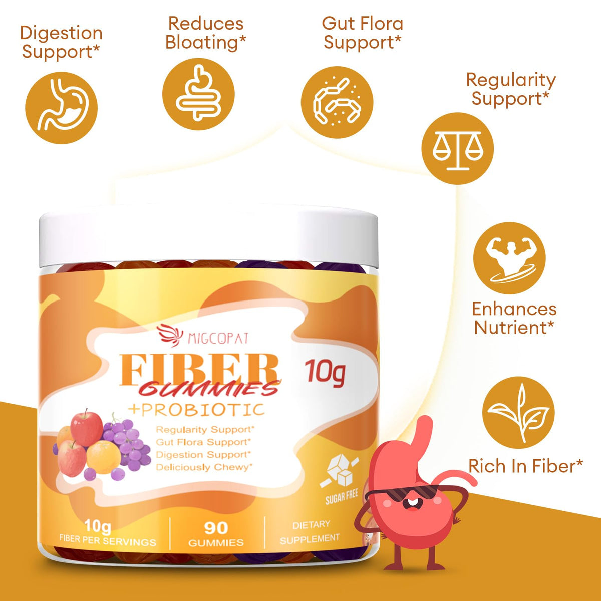 Migcopat 10G Fiber Gummies with Probiotics, Fiber Supplement with 30 Billion CFU Probiotics Blend, ACV, Vitamin C, Inulin - Support Digestive Health - No Sugar Added - Fruit Flavored - 90 Count