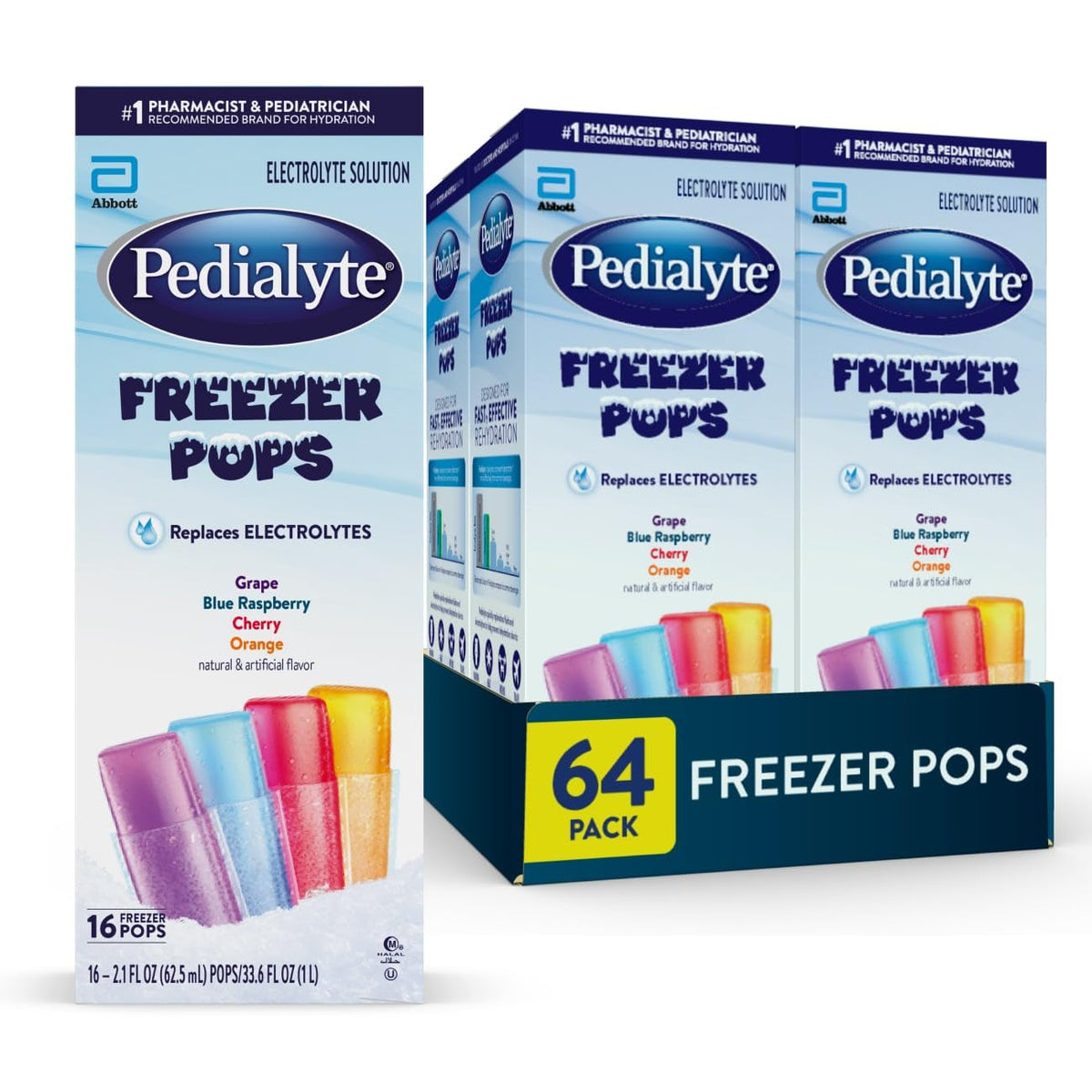 Pedialyte Electrolyte Solution Freezer Pops, Hydration Variety Pack— Grape, Blue Raspberry, Cherry, Orange, Pack of 64