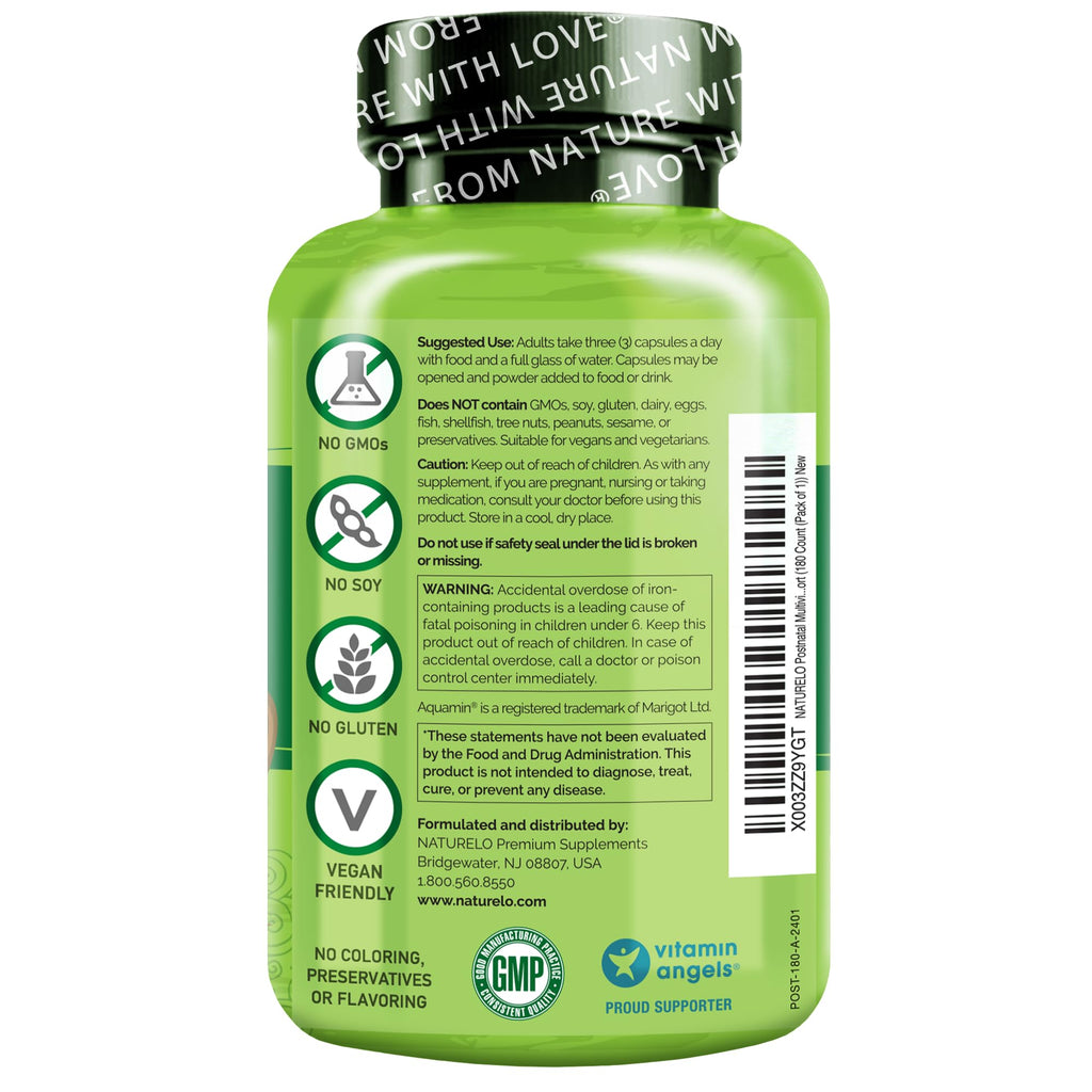 NATURELO Postnatal Multivitamin - Supplement for Breastfeeding Women - Plant-Based Vitamin D, Folate, Gentle Iron - for Nursing Mother, Baby - Post Natal Lactation Support 180 Capsules