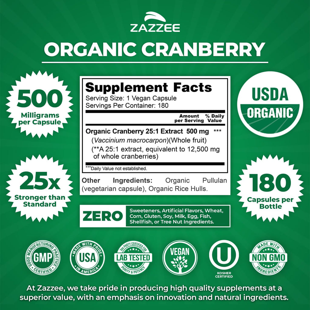 Zazzee USDA Organic Cranberry 25:1 Extract, 500 mg per Capsule, 100 Vegan Capsules, 3+ Month Supply, Certified Kosher, Vaccinium Macrocarpon, Non-GMO, Made in the USA