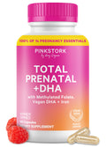Pink Stork Total Prenatal Vitamins, No Fishy Burps, 60 Capsules, Berry | Clean Label Award, Support Fetal Development, Vegan DHA, Methylfolate, Iron, Choline, Vitamin B12, Pregnancy Essentials,