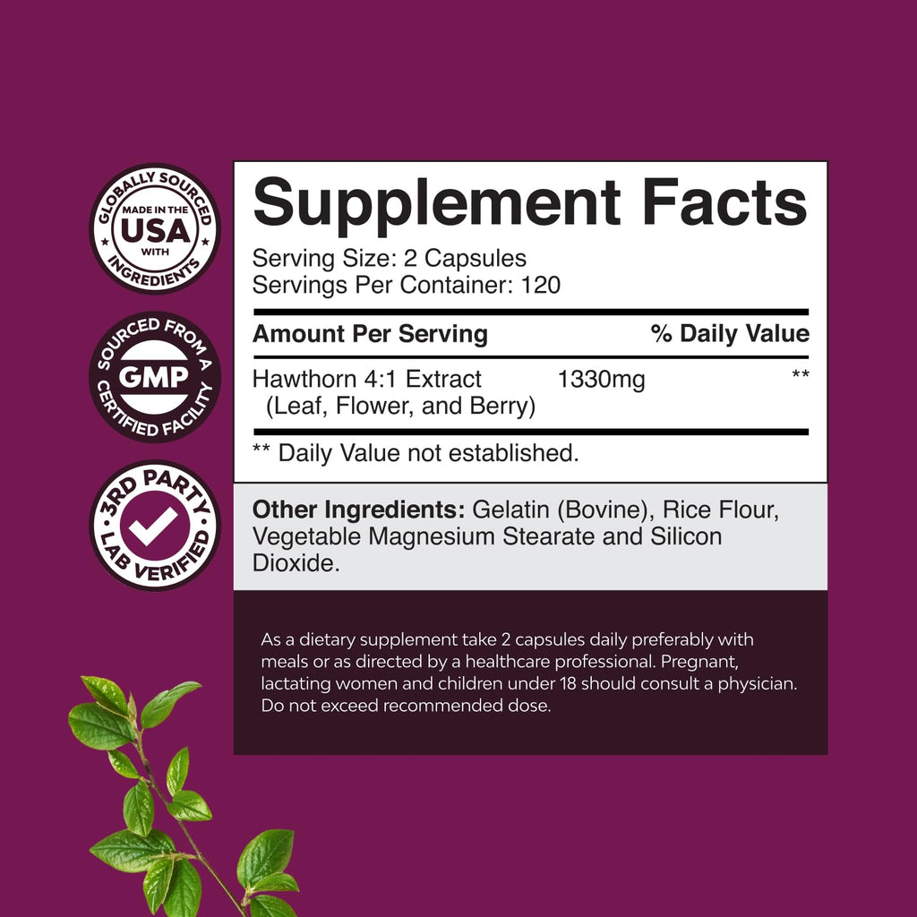 High Strength Hawthorn Berry Capsules - Pure Antioxidant Hawthorn Berry Supplement with Leaf & Flower Extract 4:1 for Healthy Heart & Digestion - Energy Support for Men & Women - 120 Count Pack