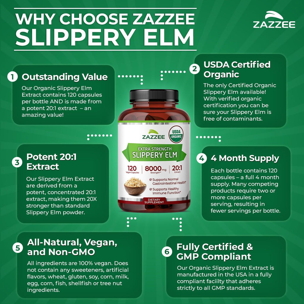 Zazzee USDA Organic Slippery Elm Bark 20:1 Extract, 120 Vegan Capsules, 4 Month Supply, Ulmus Rubra, Digestive, Throat & Mucosal Support, Herbal Supplement, All-Natural, Non-GMO, Made in the USA