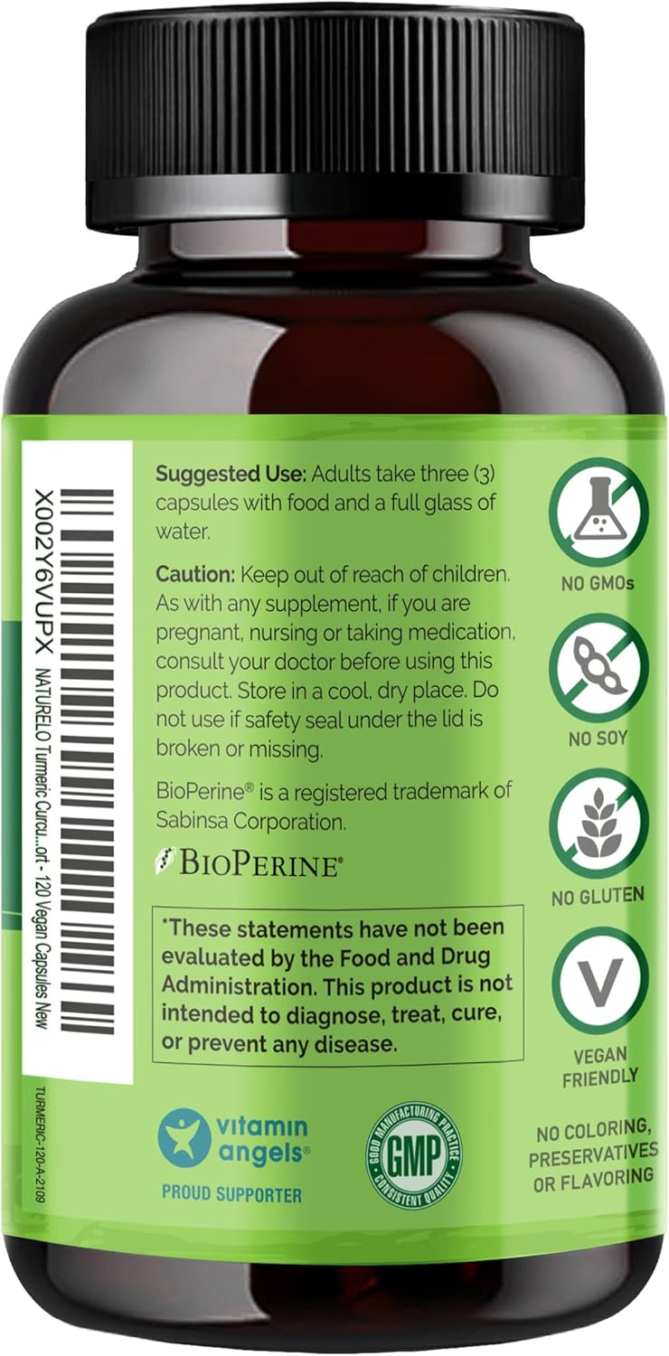 NATURELO Turmeric Curcumin - BioPerine for Better Absorption - Black Pepper, Ginger Root, Curcuminoids - Plant-Based Joint Discomfort Support - 120 Vegan Capsules