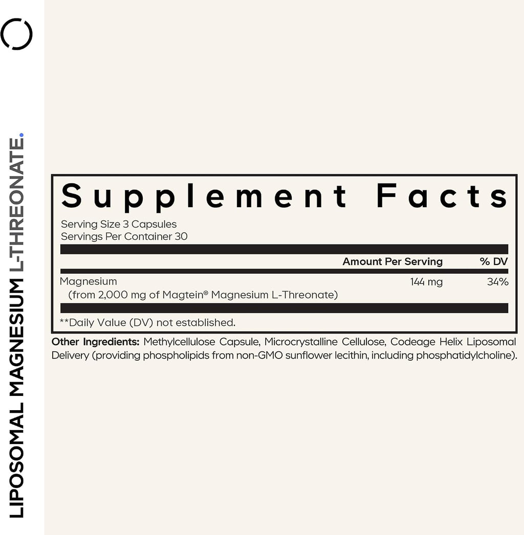 Codeage Liposomal Magnesium L-Threonate, Magtein, NSF, 90 Capsules | Magnesium L-threonate as patented Magtein, with liposomal delivery from sunflower phospholipids. Vegan, non-GMO.