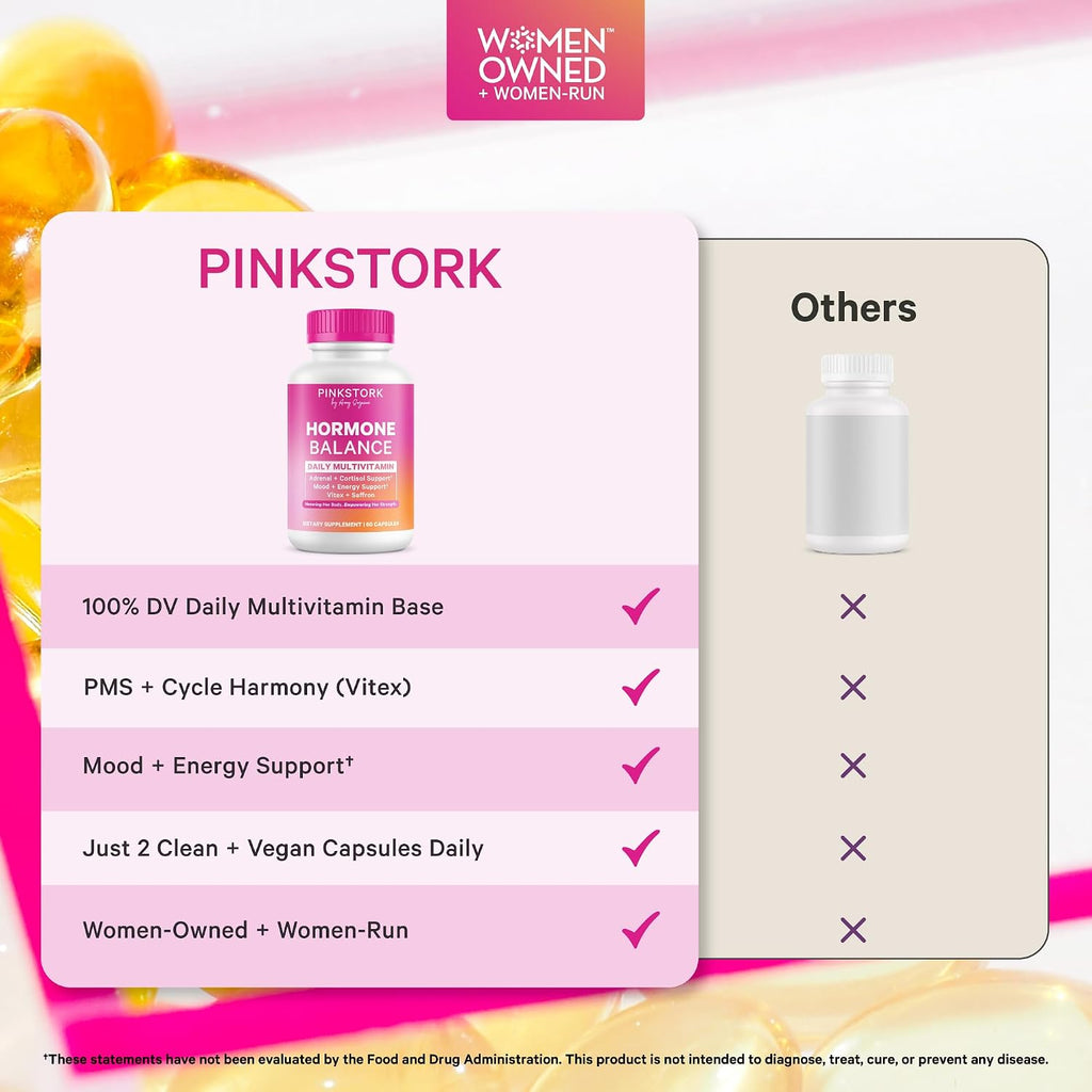 Pink Stork Hormone Balance Multivitamin for Women, 60 Vegan Capsules | 18-in-1 Vitex, Saffron, Ashwagandha, Magnesium | Mood, Energy, Cortisol, Adrenal Support | PMS, Perimenopause Support