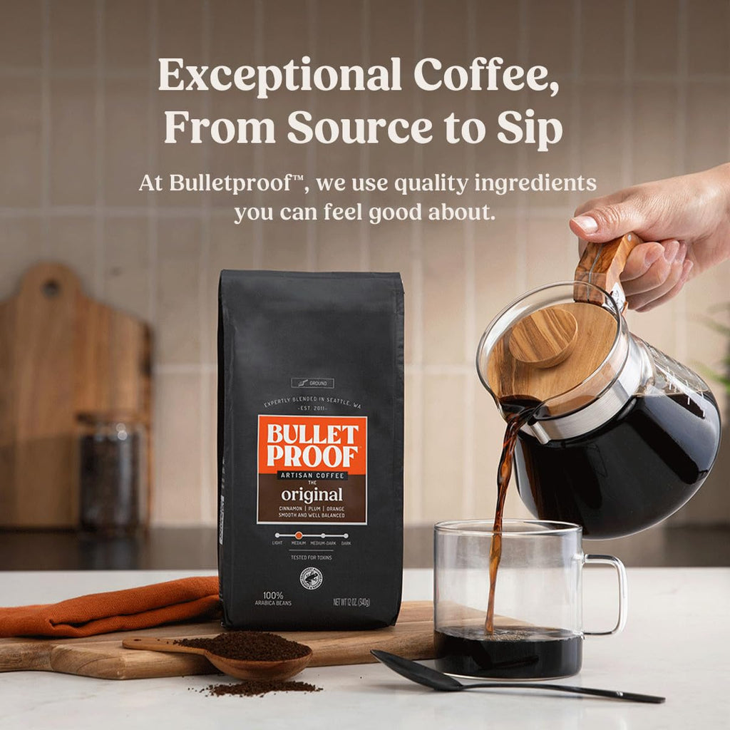 Bulletproof Original Medium Roast Ground Coffee 12 Ounces and Original Medium Roast Ground Decaf 12 Ounces Bundle, 100% Arabica Coffee, Clean Coffee Tested for Toxins, Sustainably Sourced