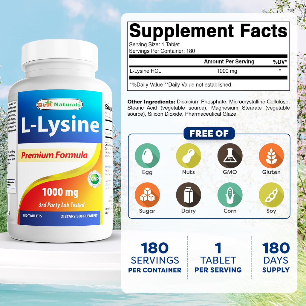 Best Naturals L-Lysine 1000mg 180 Tablets - Double Strength Lysine for stronger immune health & cold sores