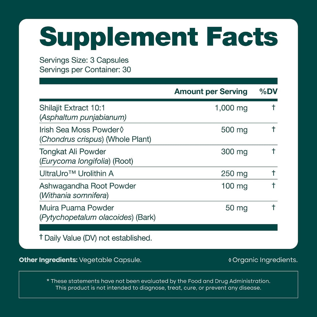 Urolithin-A Complex with Shilajit, Sea Moss, Ashwagandha & Tongkat Ali 90Ct | Urolithin a supplement, supports natural energy, hormone balance, focus & cellular health, vegan, non-GMO, made in USA