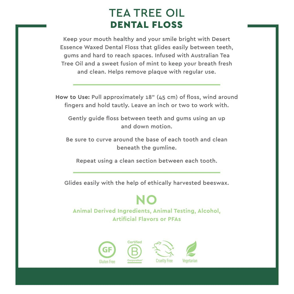 Desert Essence, Tea Tree Dental Floss 50 yd - Gluten Free - Cruelty Free - Naturally Waxed with Bees Wax - No Shred Floss - Tea Tree Oil - Removes Plaque and Build Up, pack of 6