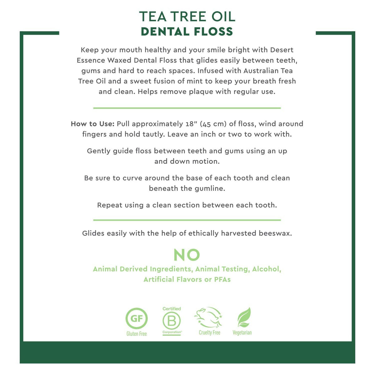 Desert Essence, Tea Tree Dental Floss 50 yd - Gluten Free - Cruelty Free - Naturally Waxed with Bees Wax - No Shred Floss - Tea Tree Oil - Removes Plaque and Build Up, pack of 6