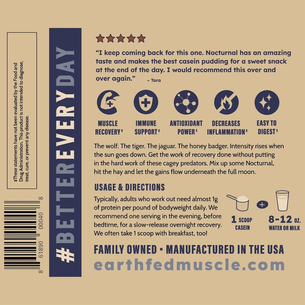 Earth Fed Muscle Nocturnal Casein Protein, Dark Chocolate, 23 Servings | Slow-digesting micellar casein & whey blend, 18g protein, sugar free. Ideal nighttime shake for overnight muscle recovery.
