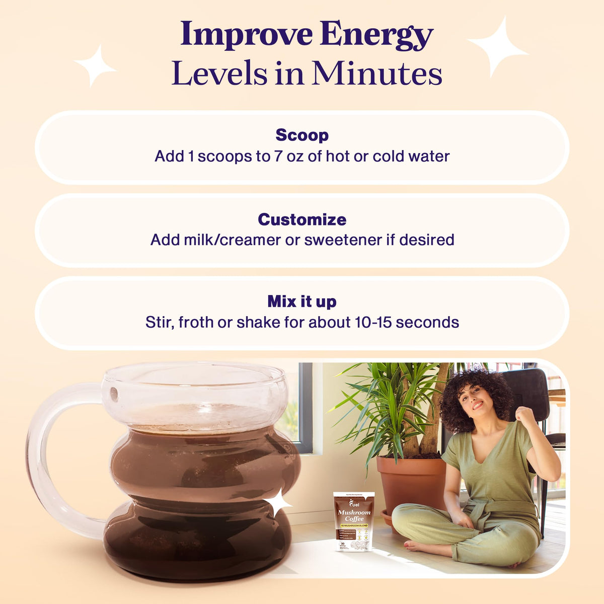 Fuel Brain Boost Mushroom Coffee Nutrition, Organic Blend for Gut Health, Lion's Mane Powder, Chaga & Mushroom Powder Low Caffeine Instant Coffee, Nootropics Drink, 30 Servings