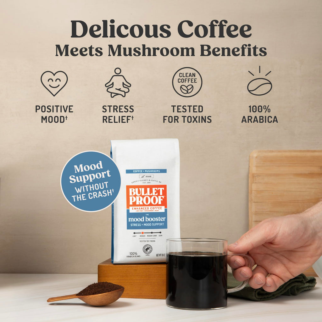 Bulletproof High Achiever Mushroom Coffee Grounds with Lion's Mane, B Vitamins & Adaptogens, Energy and Focus, Medium-Dark Roast, 10 oz