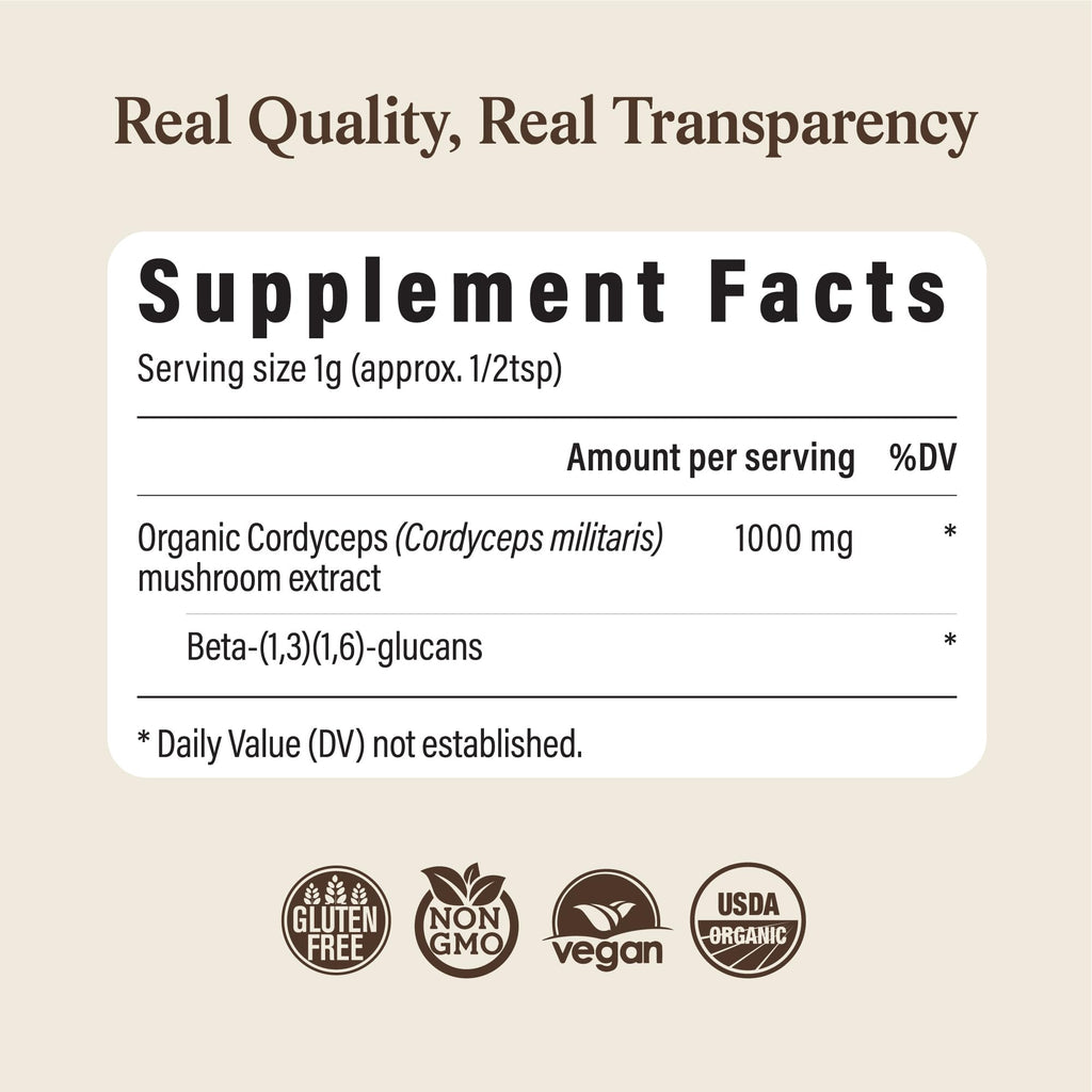 Real Mushrooms Cordyceps Mushroom Powder - Organic Cordyceps Powder Mushroom Energy and Wellness Support - Rich in Beta Glucans - Non-GMO, Vegan Supplement, 60 Servings